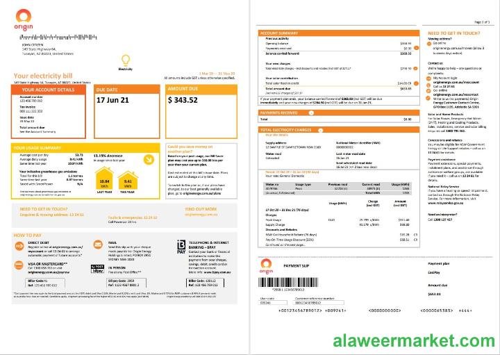 Australia New South Wales (NSW) Origin electricity utility bill template in Word and PDF format 1 2